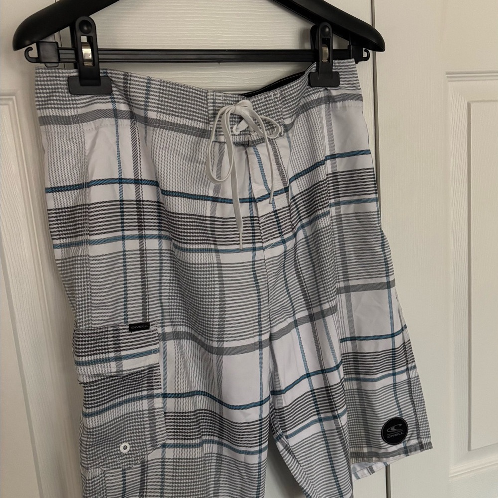 Plaid Men's Swim Shorts - White and Gray side pocket